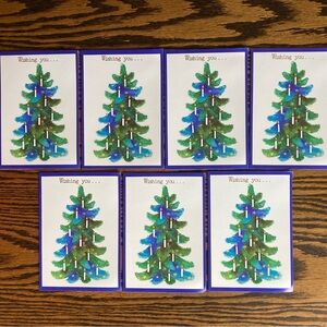 Lot of 7 Unused Blue Green Christmas Tree Candles Gold Christmas Cards Envelopes